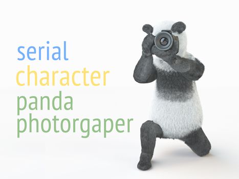 photographer panda teddy bear with camera sitting on one knee. character with camera in his paws and takes picture of empty space around isolated white background.