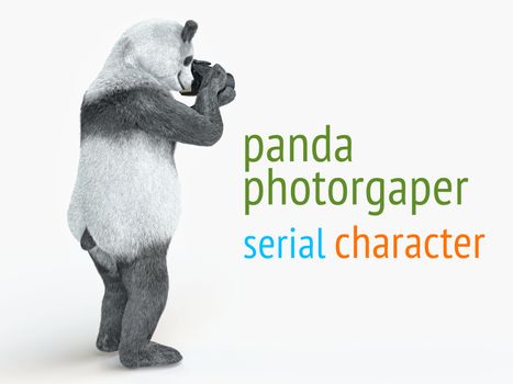 animal character photographer panda holding camera in paws and takes picture. serial bamboo bear at white homogeneous background for cutting download image render illustration