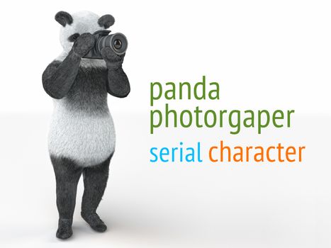 animal photographer character bamboo panda teddy bear standing on two legs straight and keeps feet from muzzle professional camera. main protagonist is going to take picture of an empty white space.