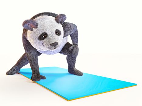 sport athlete character character character panda bear stands leaning forward and trying get floor one paw. cute furry beast involved stretching. illustration for yoga school or articles sport theme