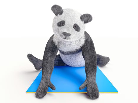 front view of panda is sitting and stretching involved. Bear legs spread wide stretches torso forward. animal involved a warm-up exercises and on blue sports mattress realistic render illlustration