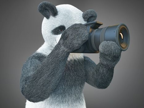 Animal panda character with camera in his paws looking at viewfinder going to take picture at dark gradient background. Main characters of camera with long focus lens digital illustration