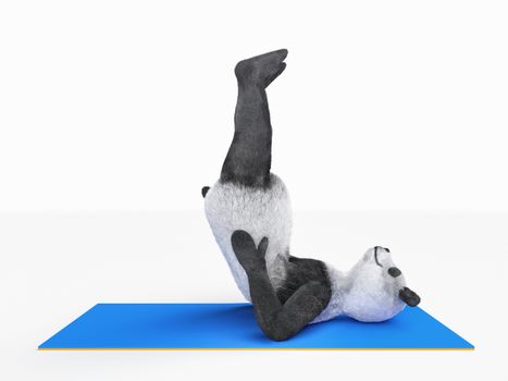 character personage lies on back and pulls legs up keeping hips paws on blue mat sport. animal involved in sports kneads back spine kids positive mind character realistic photoreal render illustration