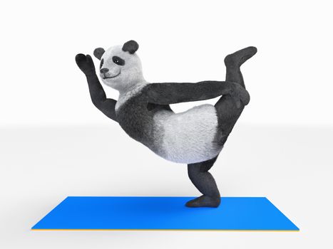 Bear stands in pose of swallow sticking out his leg back. Character panda arches his back while standing on one hind leg blue sports yoga mat against white isolated space children's positive character