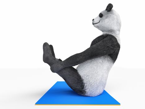Panda sits frozen in static yogic position, holding its paws up. demonstration sports yogic exercises with elastic side view of mat. realistic render illlustration athlete sportsman serial personage