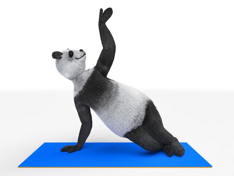 Panda demonstrates exercise of yoga lying blue mattress. character stands yogic asana on one hand other paw drawn up. appearance looks tragic isolated white background render realistic illustration