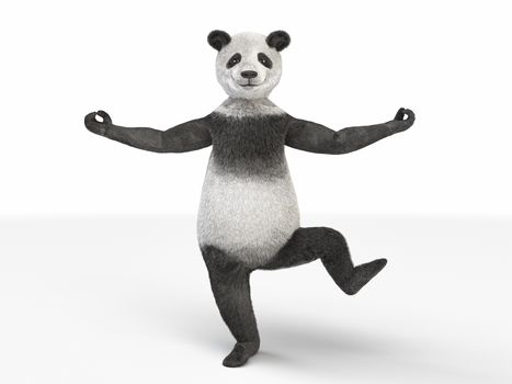 large bamboo panda shows balance while standing on one leg isolated on a white background. fluffy bear character with black spots on the eyes standing in a yoga pose. realistic render illlustration