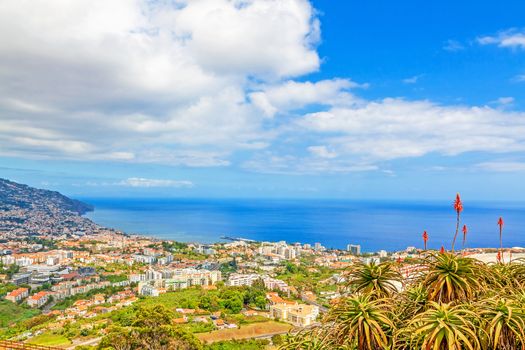 Funchal, Madeira - view over the capital city of the island towards harbor. View from Pico dos Barcelo - Atlantic Ocean in the background.