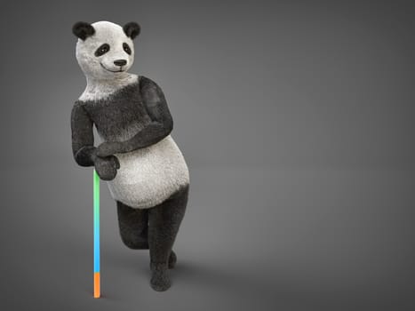 positive look of bipedal animal panda stands two legs and leans his cane with thoughtful expression on his face. character is based on multi-colored translucent stick. realistic render illlustration