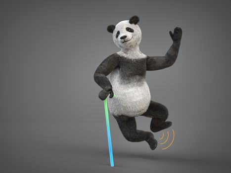 Playful young cheerful panda has just passed examination and jumps in victory jump clicks heels leaning on his cane one paw. children's character dances victory dance. illustration benefits movement