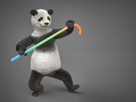cheerful merry amazing lovely woolen furry panda in graceful dance steps. funny character dancer dancing holding in the paws of multicolored translucent stick. animal isolated on a dark background