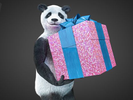 joyful kind smiling panda bear holds bright purple gift box with big beautiful blue bow. furry animal protagonist character demonstrates surprise in his paws isolated on dark background buy picture