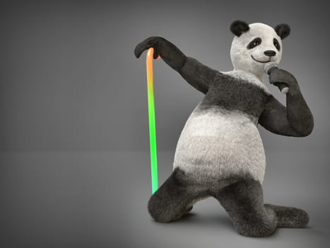 maddened by success panda rock star kneels and sings a song in one paw holding mic and in another colorful gradient translucent stick on dark isolated background. realistic render illlustration