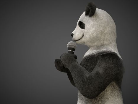 showman personage bear stands sideways to camera with smile keeps device for capturing sound. illustration panda with microphone in paws on dark isolated background. performance fluffy singer.