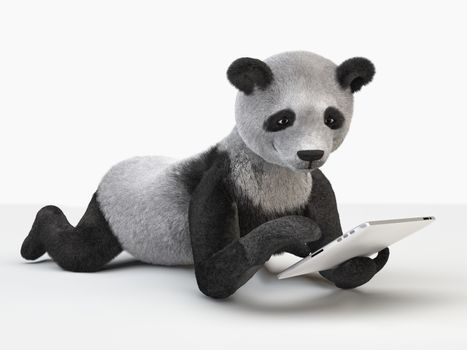 character cute plush panda lying on paunch, pokes his paw into tablet. Teddy Bear uses modern electronic computer rectangular form factor with aluminum housing. protagonist white background isolated.