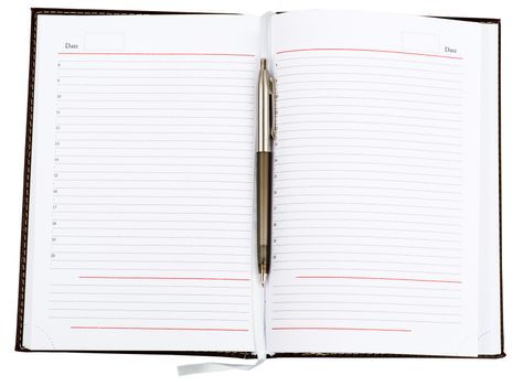 Open leather daily planner with pen on isolated white background