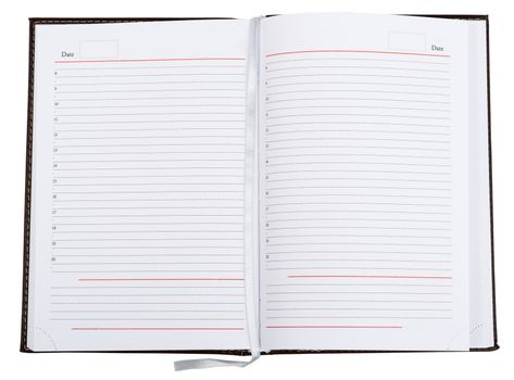 Open leather daily planner with on isolated white background