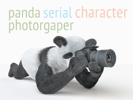 photographer character plush toy panda holding a camera in the legs and lies on white background isolated on stomach, corner angle.