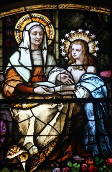 Saint Ann, stained glass window in the Catholic Church of the Birth of the Virgin Mary in Prcanj, Montenegro
