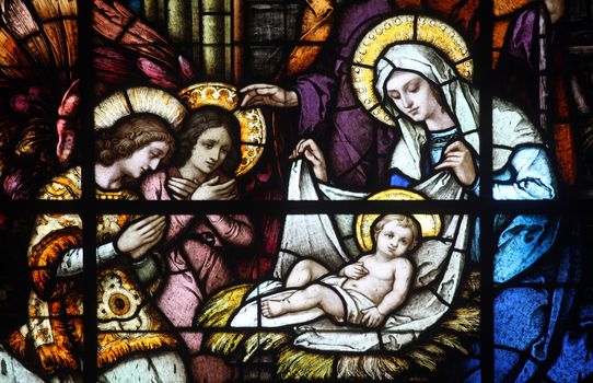 Nativity Scene, stained glass window in the Catholic Church of the Birth of the Virgin Mary in Prcanj, Montenegro