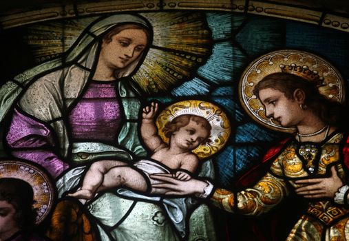 Engagement of Saint Catherine of Alexandria, stained glass window in the Catholic Church of the Birth of the Virgin Mary in Prcanj, Montenegro