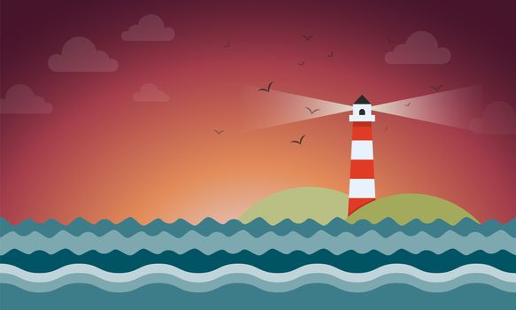 Illustration of rays coming out from lighthouse in night