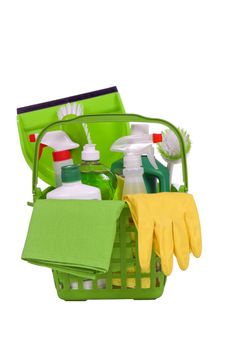 Environmentally safe green cleaning supplies with yellow rubber gloves.  Isolated on white background.