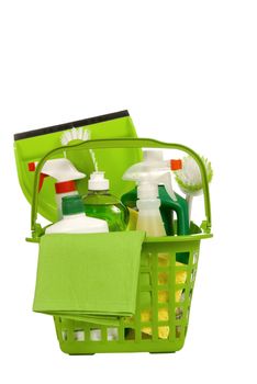 Vertical shot of safe and green cleaning supplies.  Isolated on white