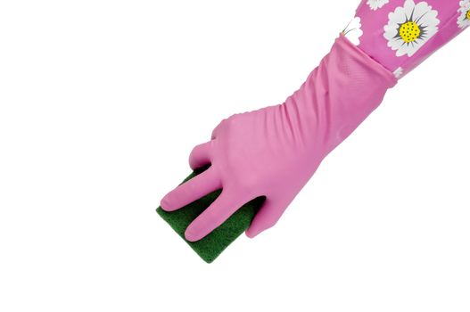 Colorful rubber gloved hand with scrubbing sponge isolated on white background.  Lots of copy space