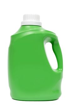 Vertical shot of green detergent container on white background with blank front for your copy.