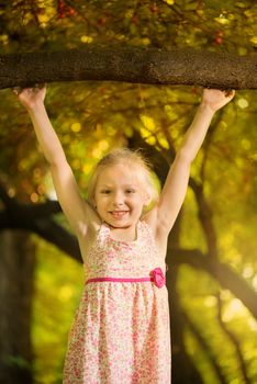 Cute little girl having fun on the tree in the park