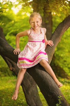 Cute little girl having fun on the tree in the park