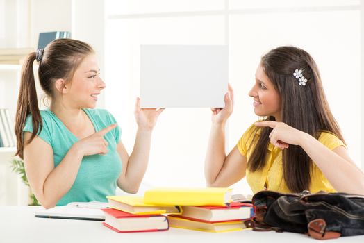 Two beautiful teenage girl holding blank placard