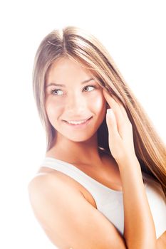 Portrait Beautiful young cute brunette gently touching her face