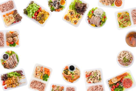 Modern style cuisine cooked by clean food concept including European, Japanese, Thai, and Chinese food style in lunch box on white background with blank area for text or messages