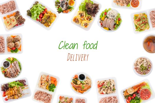 "Clean food delivery" is wriiten on white background with modern style cuisine cooked by clean food concept including European, Japanese, Thai, and Chinese food style in lunch box