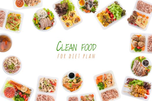 "Clean food for diet plan" is wriiten on white background with modern style cuisine cooked by clean food concept including European, Japanese, Thai, and Chinese food style in lunch box
