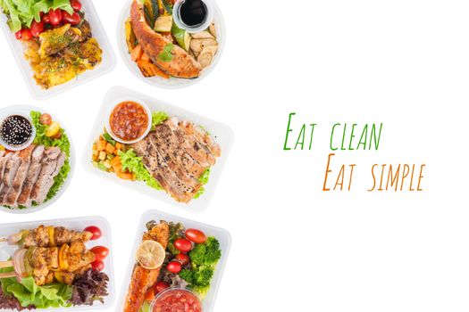 "Eat clean Eat simple" is wriiten on white background with modern style cuisine cooked by clean food concept including European, Japanese, Thai, and Chinese food style in lunch box