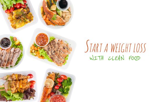 "Start a weight loss with clean food" is wriiten on white background with modern style cuisine cooked by clean food concept including European, Japanese, Thai, and Chinese food style in lunch box