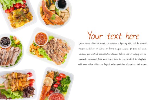 Modern style cuisine cooked by clean food concept including European, Japanese, Thai, and Chinese food style in lunch box on white background with easy removable text "lorem ipsum"
