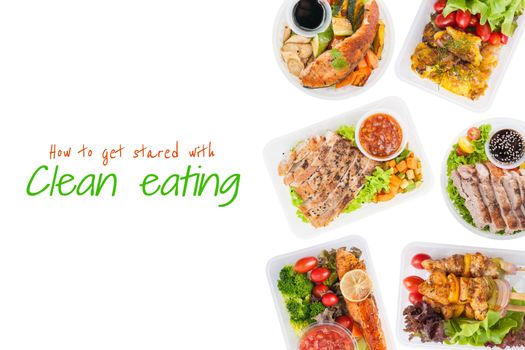 "How to get started with clean eating" is wriiten on white background with modern style cuisine cooked by clean food concept including European, Japanese, Thai, and Chinese food style in lunch box