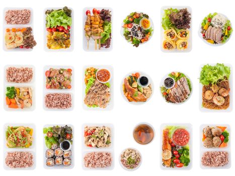 Collection of modern style cuisine cooked by clean food concept including European, Japanese, Thai, and Chinese food style in lunch box isolated on white background