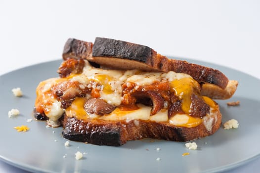 Toasted sandwich with chicken and various types of  cheese