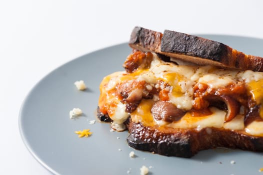 Toasted sandwich with chicken and various types of  cheese