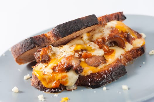 Toasted sandwich with chicken and various types of  cheese