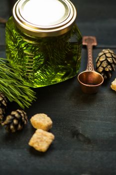 Fir tree bump jam on wooden background