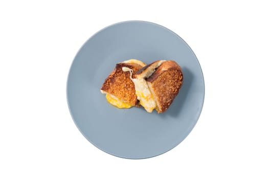 Toasted sandwich with various types of  cheese in ceramic dish isolated on white background with clipping path