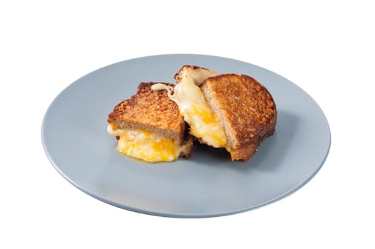 Toasted sandwich with various types of  cheese in ceramic dish isolated on white background with clipping path