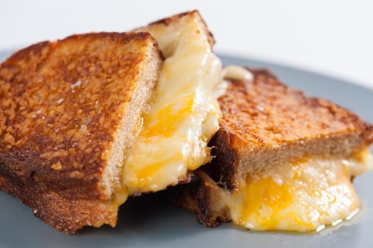 Toasted sandwich with various types of  cheese in ceramic dish