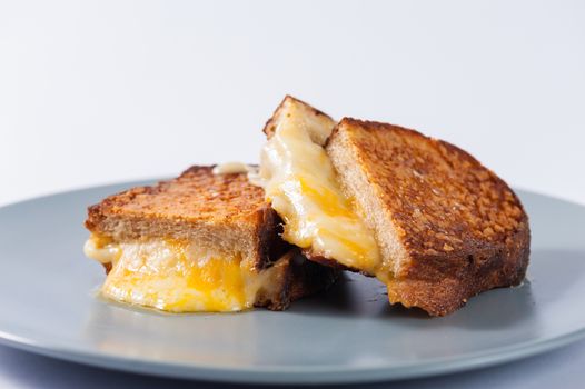 Toasted sandwich with various types of  cheese in ceramic dish